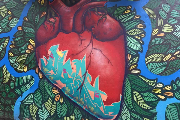 Grafite de um coração humano anatômico vermelho, com detalhes realistas e inscrições artísticas em azul-turquesa e amarelo, cercado por folhas verdes estilizadas sobre um fundo azul vibrante.