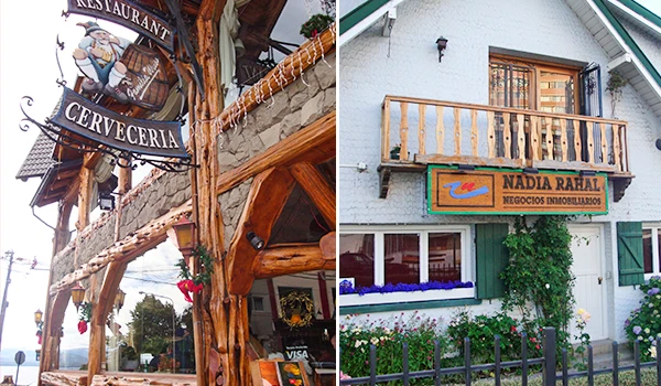 Imagem de fachadas de estabelecimentos comerciais na zona rural, incluindo restaurante e comércio de imóveis, em ambiente aconchegante e tradicional. Travessia dos Lagos Andinos