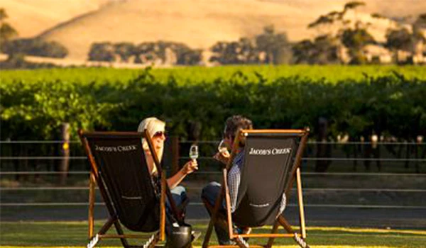 Casal relaxando ao pôr do sol com taças de vinho na vinícola, desfrutando da paisagem rural tranquila e do momento romântico ao ar livre.