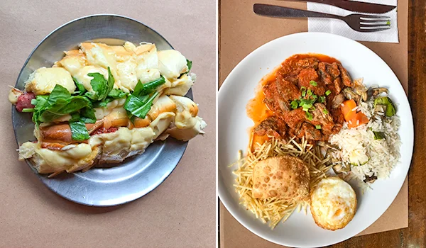 Foto de uma sanduiche e outra de um prato com carne, arroz, pastel e batata palha no Restaurante Giovanneti no bairro de Cambuí, ideal para a Lua de Mel em Campinas.