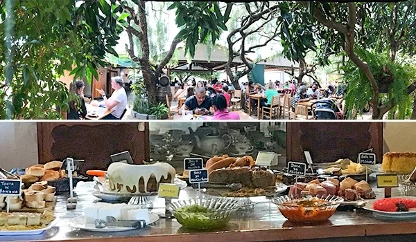 Duas fotos de um local em Jundiái com mesas e clientes ao ar livre e mesa de produtos para o café da manhã farto, com bolos, doces, geleias, etc.