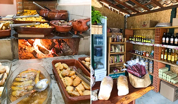 2 fotos uma de fogão a lenha com comida e outro com produtos do turismo rural.
