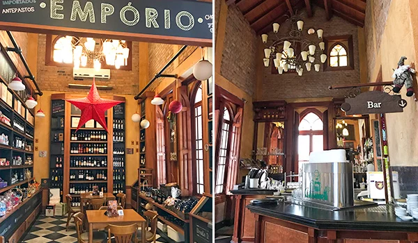 2 fotos de um bar na Lua de Mel em Campinas onde aparece estande com garrafas de bebidas e balcão.