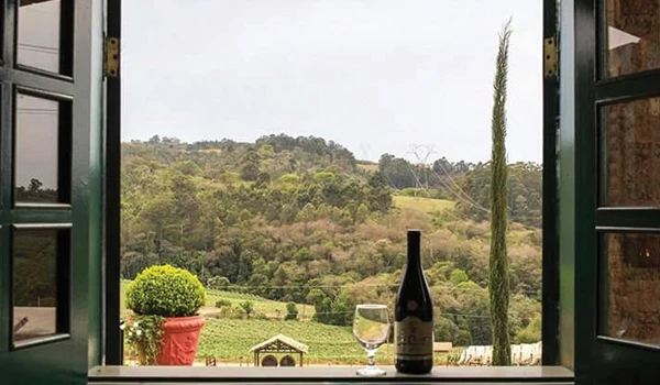 Vista panorâmica da natureza através de uma janela com uma garrafa de vinho e uma taça sobre a mesa. Ideal para apreciar a paisagem e relaxar