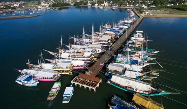 Visão aérea de um píer cheio de barcos de diferentes cores e tamanhos atracados em um porto, com águas tranquilas ao redor e uma cidade ao fundo.