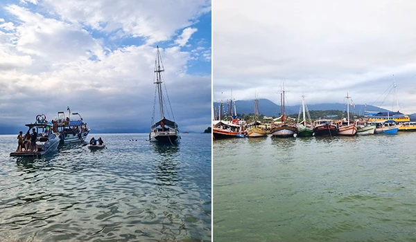 Turistas desfrutando de um passeio de barco no mar, com barcos atracados e céu parcialmente nublado, em uma cena que destaca a beleza da costa brasileira.