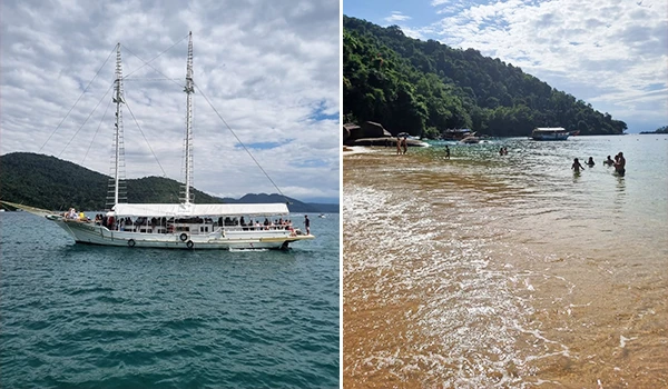 Imagem de um passeio de barco e uma praia paradisíaca com águas cristalinas em meio à natureza, ideal para viagens e lazer ao ar livre.