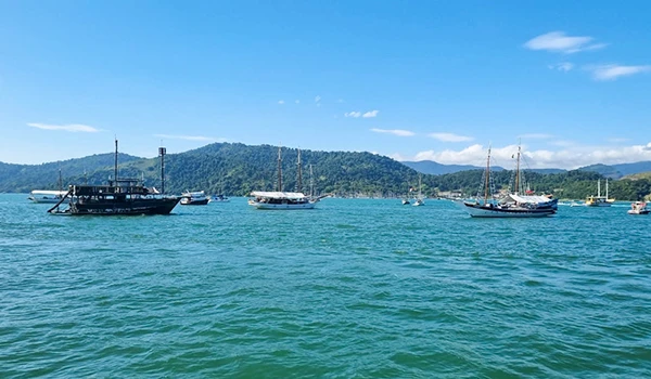 Imagem de um mar calmo com várias embarcações e um horizonte de montanhas sob céu azul, ideal para atividades náuticas e lazer ao ar livre.