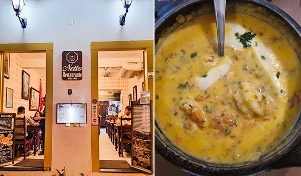 Imagem do interior de um restaurante com clientes e uma panela de comida caseira, como sopa ou ensopado, destacando um ambiente aconchegante e gastronômico.
