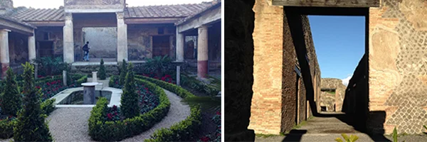 Ruínas de Pompeia, na Itália, mostrando um antigo pátio com jardim, arbustos, flores e uma fonte central. Ao lado, corredor estreito entre paredes de tijolos e estruturas preservadas das antigas construções, sob um céu azul.