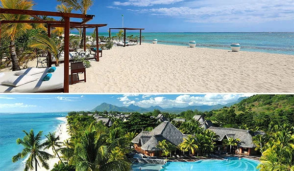 2 fotos da praia e estrutura do hotel Dinarobin Hotel Golf & Spa nas Ilhas Mauritius.