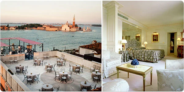 Terraço de hotel com mesas e cadeiras diante de uma vista para a lagoa de Veneza, com edifícios históricos e uma igreja ao fundo. Ao lado, quarto de hotel elegante e clássico, com cama de casal, poltronas, mesa de centro e decoração sofisticada.