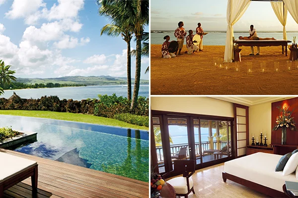 Três fotos conjuntas que mostram uma piscina com vista mar, outra com cama de massagem na praia, com turista e banda de música e apartamento luxuoso.