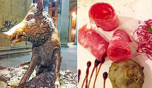 Escultura de um javali em uma rua de Florença, ao lado de uma fonte, e prato com fatias de salame, acompanhadas de purê e decoração de vegetais.