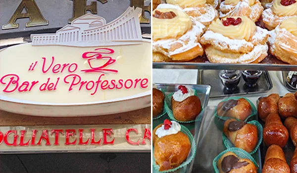 Vitrine de uma confeitaria italiana com diversos doces, incluindo massas recheadas, doces com creme e pequenas sobremesas.