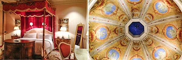 Hotel Westin Excelsior: Quarto de hotel luxuoso com cama de dossel, decoração clássica, cortinas vermelhas e móveis de madeira. Ao lado, teto ricamente decorado com afrescos e pinturas ornamentais. Lua de Mel na Itália.