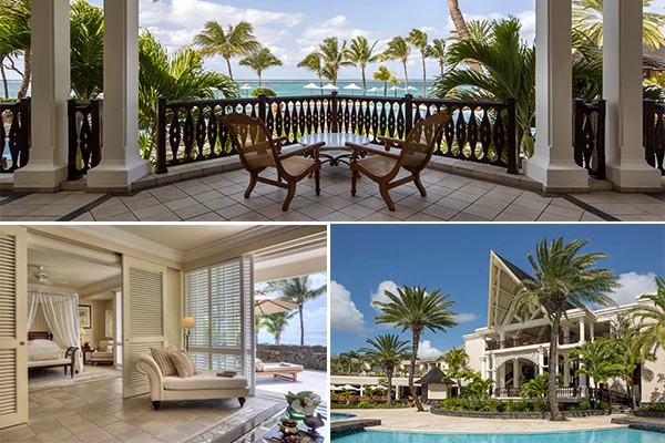 Três fotos conjuntas do hotel The Residence Hotel nas Ilhas Mauritius, sinônimo de luxo.