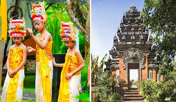 Grupo de crianças vestidas com roupas tradicionais amarelas e decoradas, participando de uma cerimônia cultural ao ar livre, com uma antiga estrutura de templo ao fundo, representando a cultura balinesa.