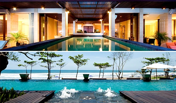 Imagem de piscina de luxo com vista para o mar, destacando um ambiente moderno e confortável perfeito para relaxar e aproveitar momentos de lazer à beira-mar.