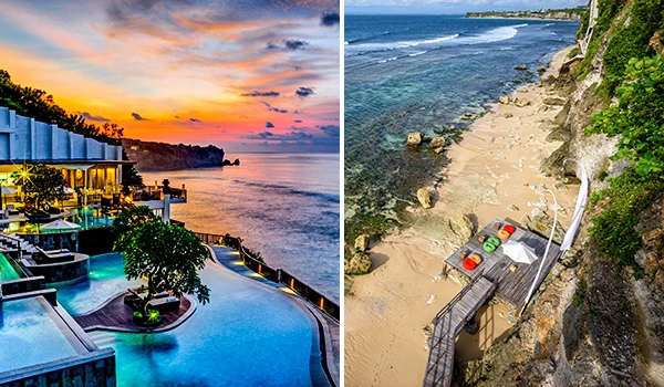 Imagens de destinos paradisíacos de praia e resort ao pôr do sol e na beira do mar, ideal para quem busca praias e resorts incríveis.