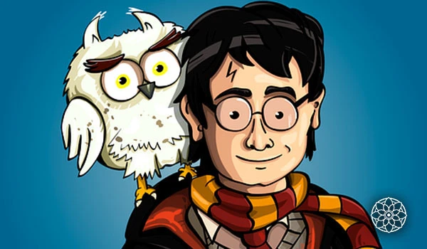 Ilustração de um personagem de desenho animado com cabelo preto e óculos, usando cachecol listrado em cores quentes, acompanhado de uma coruja estilizada com olhos grandes e expressão divertida, contra fundo azul.