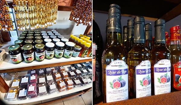 Diversos produtos alimentícios em prateleira, incluindo geléias, compotas e óleos artesanais, ideais para apimentar seu prato com sabor caseiro. Dicas sobre o que fazer em Valinhos.