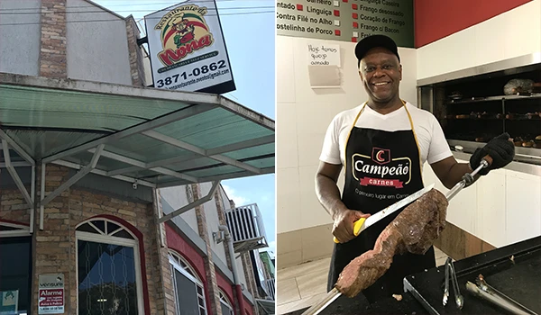 Imagem de um restaurante chamado Nona, com destaque para a fachada e um açougueiro com carne. O local oferece diversos cortes de carne e tem uma variedade de produtos.