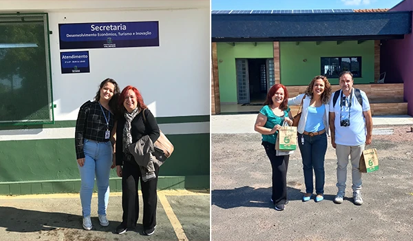 Duas fotos que mostram interações em um ambiente institucional, com pessoas sorrindo em frente a um edifício identificado como Secretaria de Desenvolvimento Econômico, Turismo e Inovação.