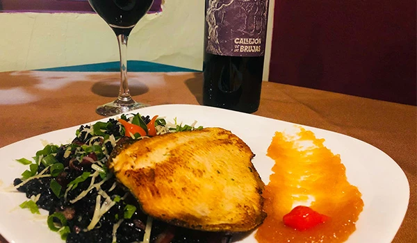 Prato de jantar com salmão grelhado, salada de folhas verdes, purê de batata-doce e um copo de vinho tinto ao fundo.