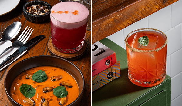 2 fotos, sendo uma com uma prato de frutos do mar e drink na cor vermelha e outra de um drink na cor laranja com uma folhinha de hortelã acima, no Jabali Bar.