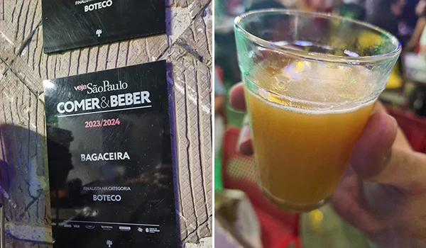 Imagem de um troféu de reconhecimento para o evento de comer e beber em São Paulo, com destaque para a categoria de boteco, e uma taça de drink amarelo ao lado.