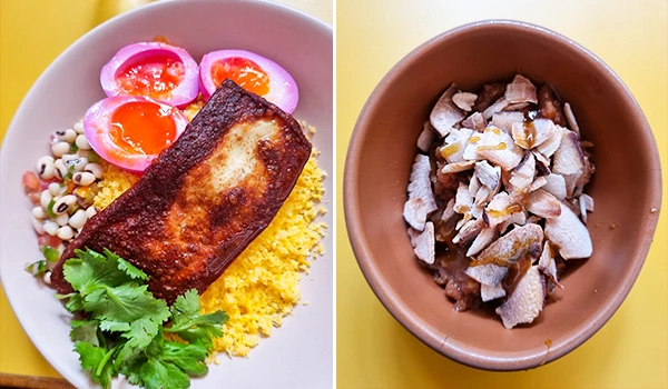 Prato de comida típica brasileira com peixe, ovo, farofa e salada, e uma tigela com pedaços de carne seca.