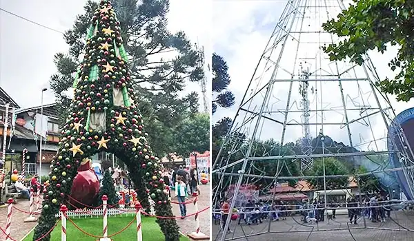 Decoração Natalina em Praça Pública no Brasil, com árvores decoradas e estrutura de escultura, no Natal em Campos do Jordão.