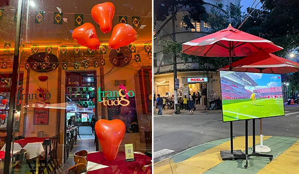 2 imagens do Bar Frango com Tudo Dentro, onde aparece o interior e na calçada foto de uma grande TV com campo de futebol.