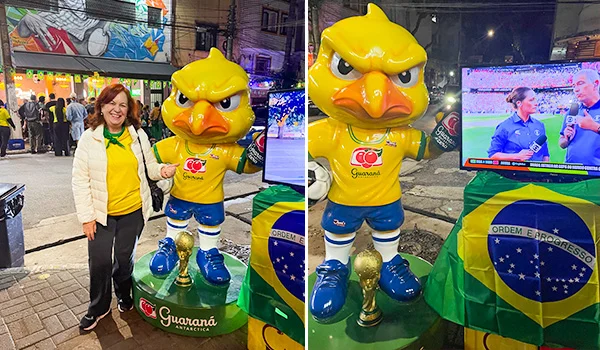 2 imagens, uma com Deusa Rodrigues e o Canarinho, mascote da Copa do Mundo em uma rua com vários bares na Santa Cecília.