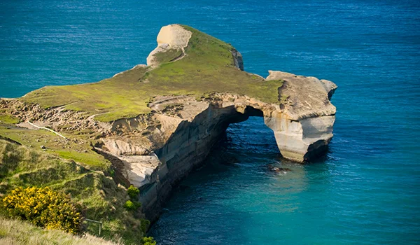 Foto da Coastal Otago onde se observa uma parte de pedras em meio ao mar do Oceano Pacífico, formando uma passagem arredondada.