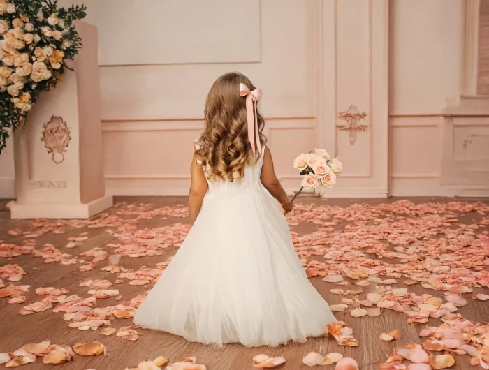 Dama de Honra, uma menina pequena de vestido branco com laço no cabelo, de costas, segurando um buquê de flores, em ambiente decorado com rosas e pétalas no chão para realização de Mini Wedding São Paulo.