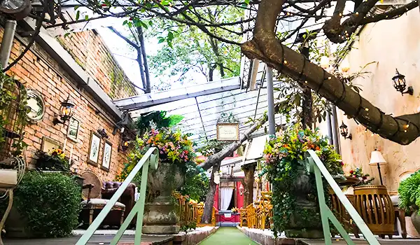 Paisagem de jardim com árvores e plantas ornamentais, decorado com flores coloridas, estruturas de metal e iluminação suave, criando um ambiente agradável ao ar livre. Mini Wedding em São Paulo.
