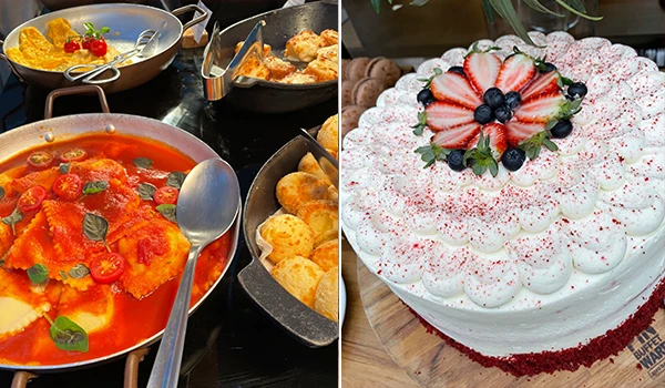 Imagem de pratos de comida incluindo massa., omelete, pão de queijo, croquetes e um bolo de morango decorado com frutas vermelhas e creme. Ideal para Mini Wedding São Paulo.