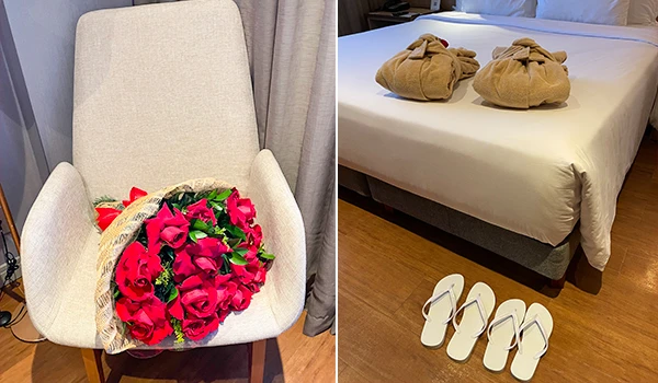 Imagem de um quarto de hotel com camas arrumadas, banheiro com toalha, ideal para Mini Wedding e noite de núpcias em São Paulo.