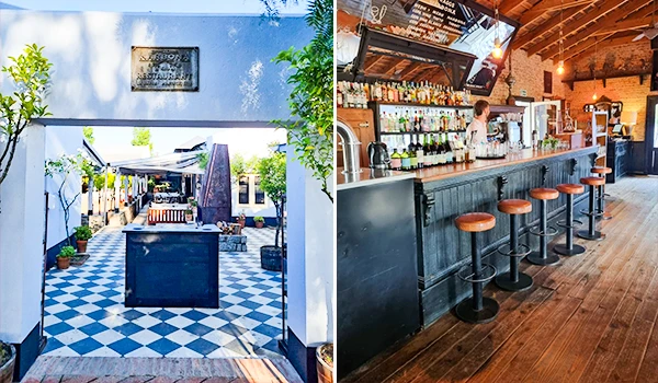 Imagem de um bar interno e uma área externa de um restaurante ou bar moderno, com decoração acolhedora e ambiente organizado. vinícolas de Punta del Este.