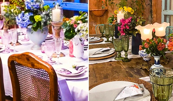 Decoração de mesas de jantar com flores, velas e utensílios elegantes para Mini Wedding São Paulo.