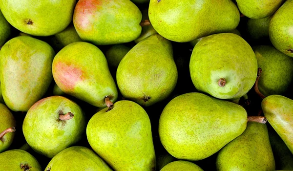 Imagem de peras verdes frescas e suculentas, agrupadas em uma superfície, ideais para consumo saudável, opção de onde comer no Mercadão de São Paulo.