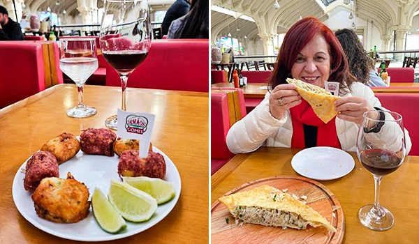 2 fotos conjugadas, uma com bolinhos de bacalhau e carne seca com limões, com uma taça de vinho tinto e uma taça de água, a outra Deusa Rodrigues comendo um grande pastel de bacalhau no Mercadão de São Paulo.