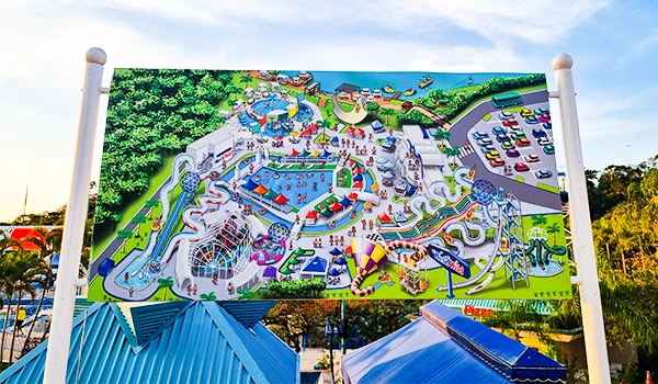 Mapa do parque aquático mostrando atrações, piscinas e toboáguas com muita diversão e áreas para relaxar em meio à natureza.