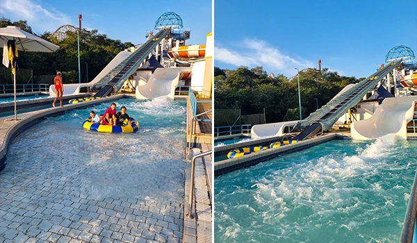 Diversão em parque aquático com toboáguas e crianças em boia na água. Ótimo para um dia ensolarado em família.