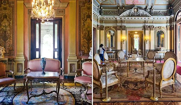 Fotografia de dois ambientes luxuosos na visita ao Palácio da Liberdade, com decoração histórica, móveis antigos, lustres de cristal, espelhos, paredes ornamentadas e tapetes com padrões decorativos.