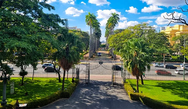 Vista de um jardim arborizado e bem cuidado, com palmeiras, gramado e caminhos que levam a um portão de ferro. Ao fundo, há uma avenida movimentada, edifícios e um céu azul com nuvens brancas.