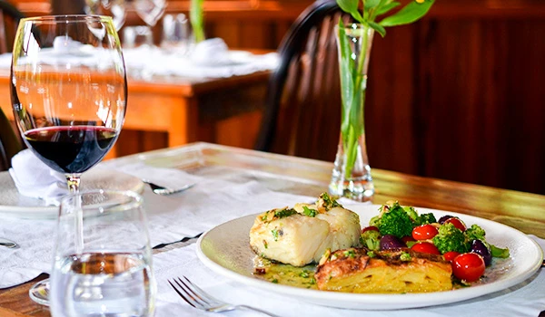 Foto de uma prato de peixe com molho de tomate e uma taça de vinho tinto no Bistrô Seu Beneditú, uma dica sobre onde comer na Serra da Mantiqueira.