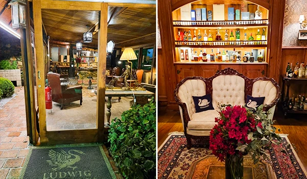 2 fotos conjugadas, uma da entrada do Restaurante Ludwig e outra da sala de estar com sofá bar e arranjo de flores vermelhas. Uma das dicas sobre onde comer na Serra da Mantiqueira.